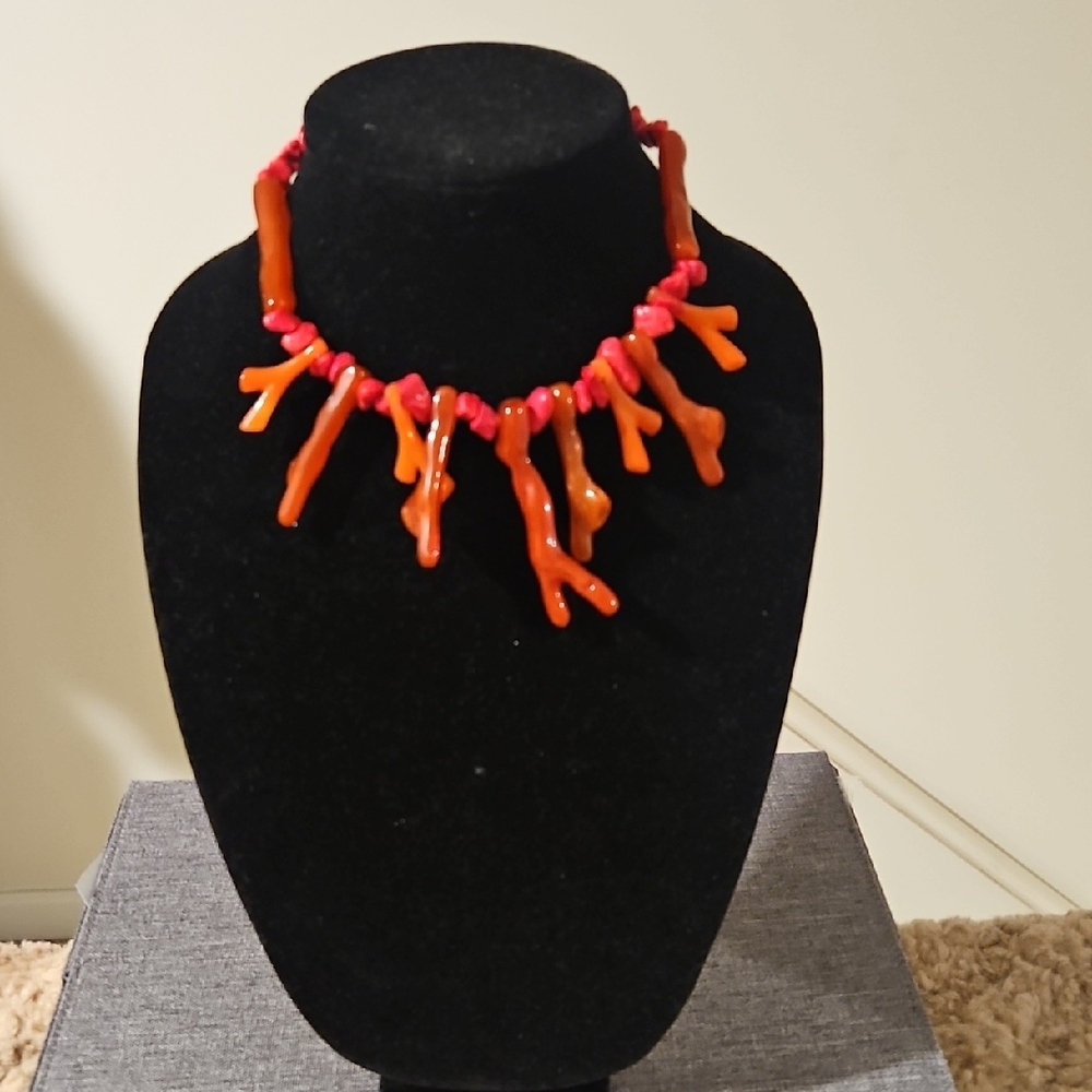 Handcrafted Orange-red Coral Branch Necklace - Unbranded